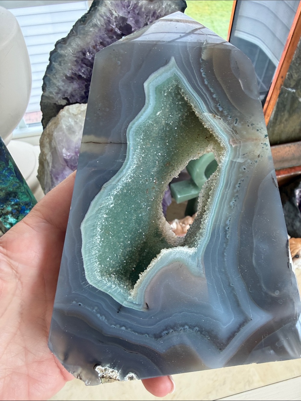 Polished Window Cathedral Blue-Grey Agate Geode Display with Green Druzy Center